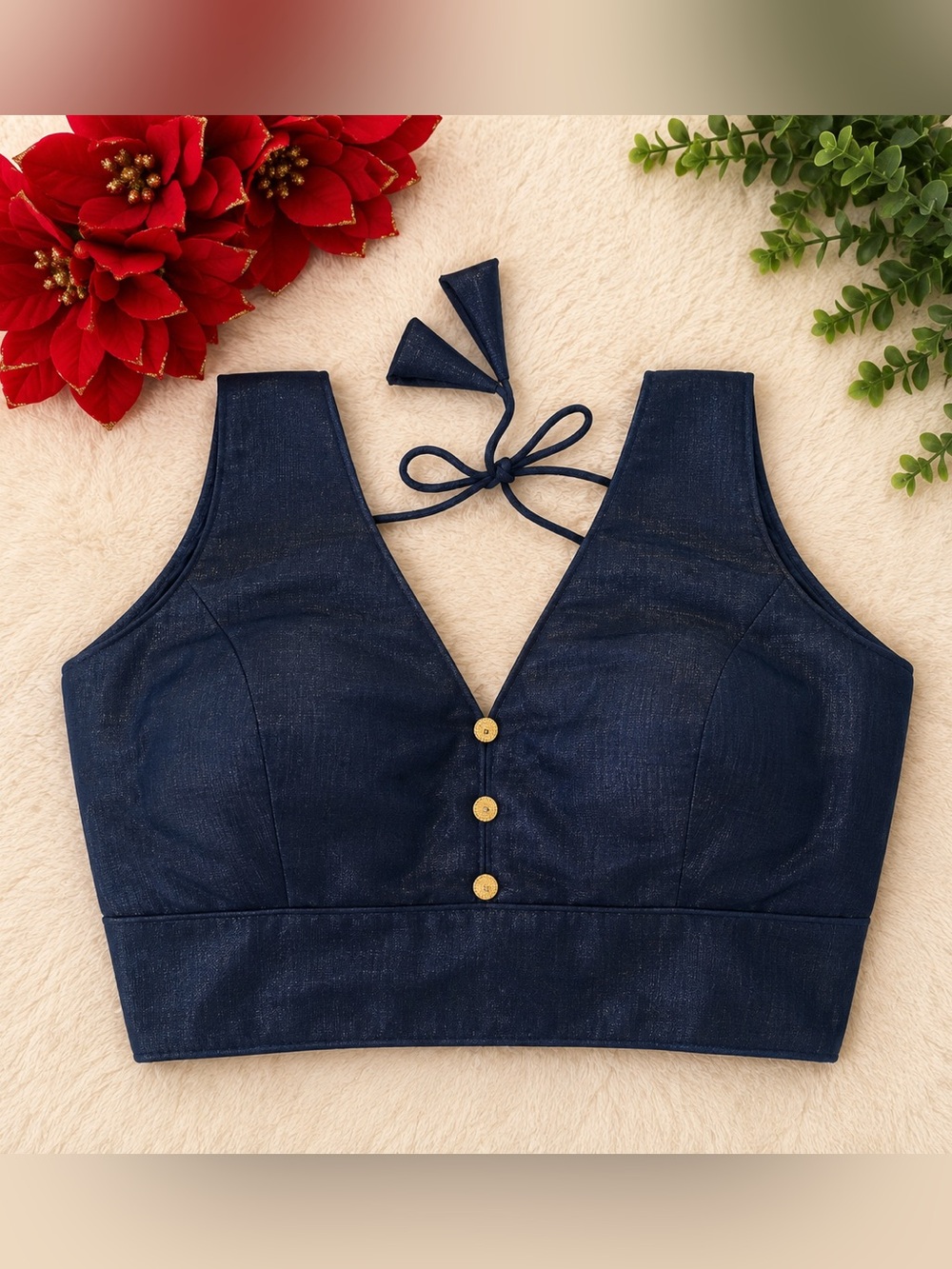 Brand new,Navy Blue Raw Silk Sleeveless V-Neck Blouse,Bust - M (38”)